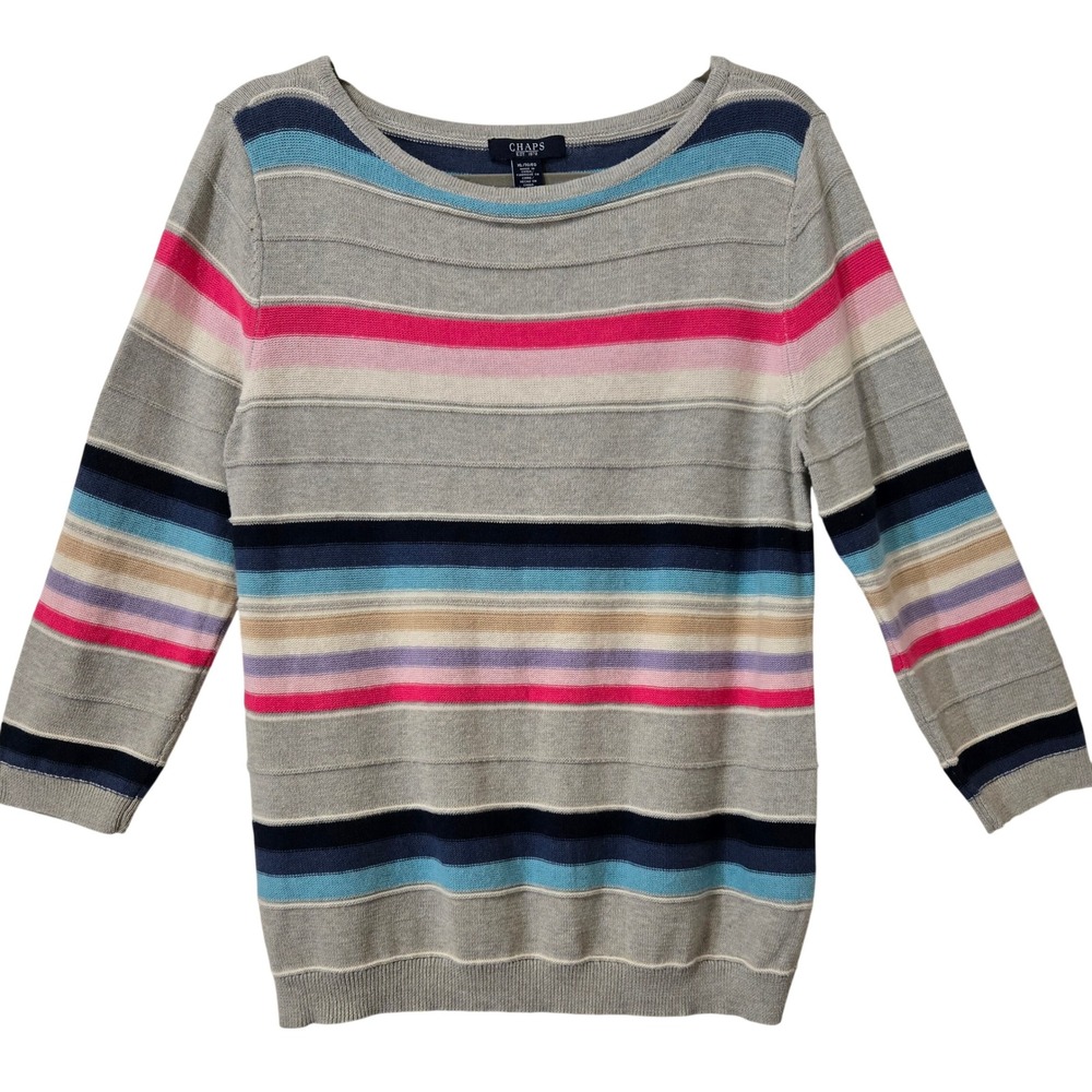 Chaps Womens XL Chic Gray Striped Knit Sweater 3/4 Sleeve Cotton Linen Boat Neck